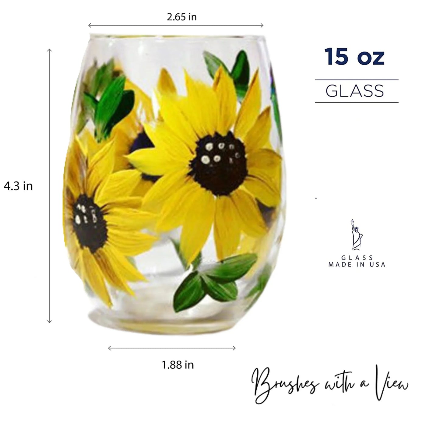 Hand-painted sunflower stemless wine glass in a rustic farmhouse setting