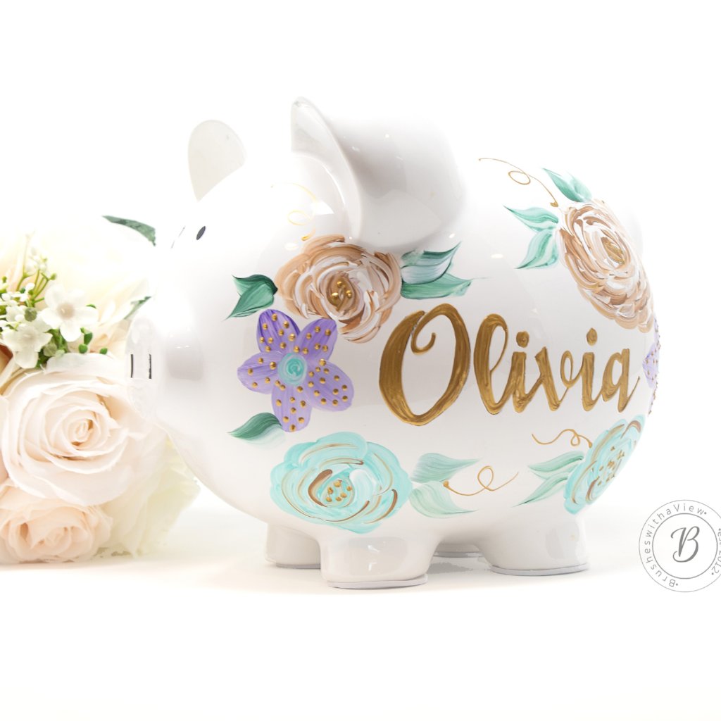 Personalized Piggy Bank Purple and Teal Flowers - Hand Painted Ceramic 