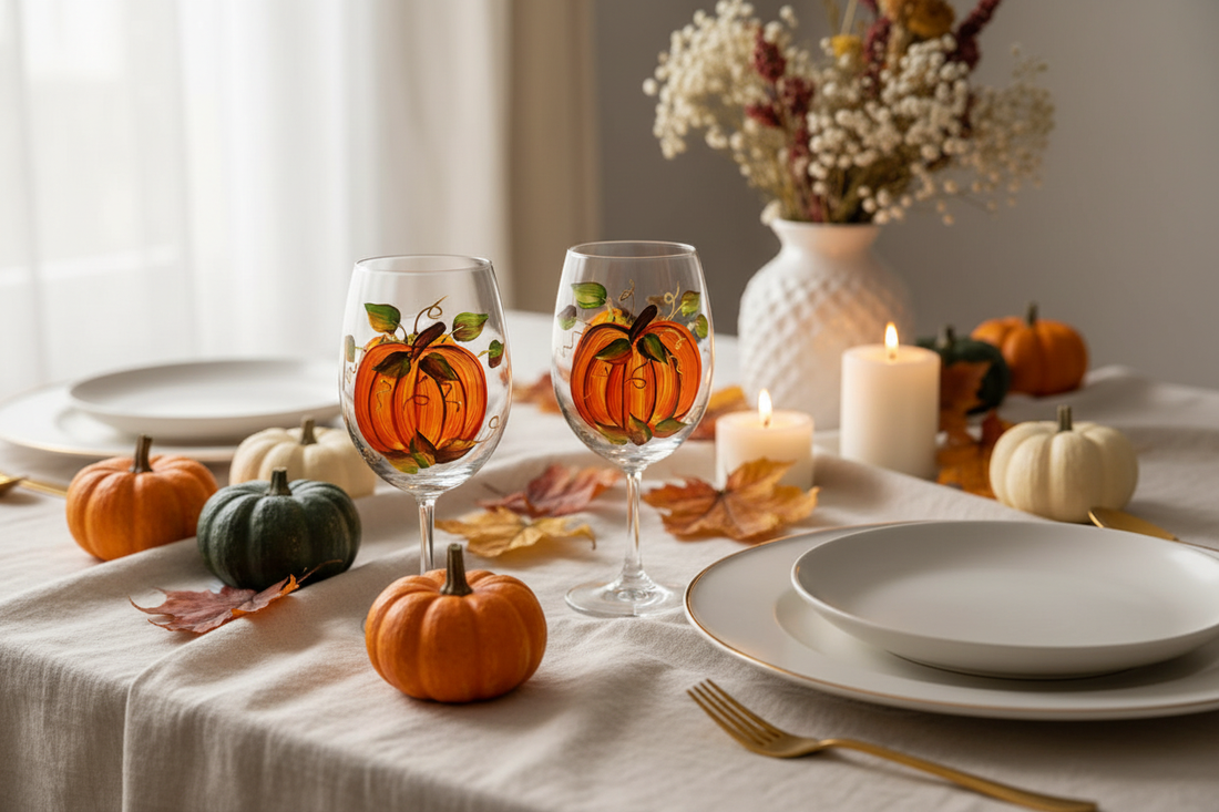 Hand-painted pumpkin wine glasses styled on elegant fall table setting