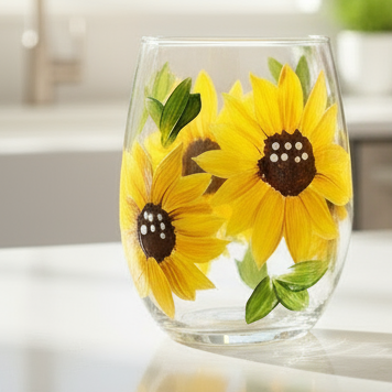 Hand-painted sunflower wine glasses - perfect for New Year's celebrations