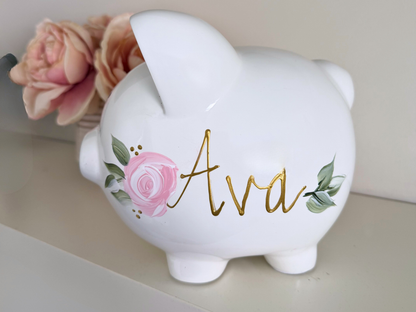 Personalized June Birth Flower Piggy Bank – Hand-Painted Pink Rose