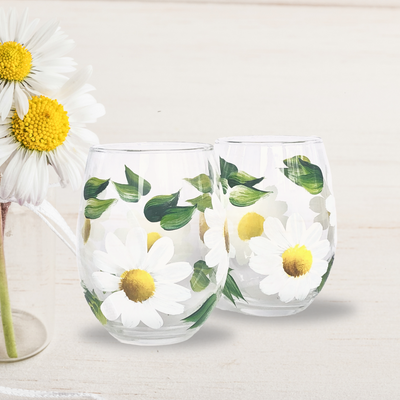 Daisy Stemless Wine Glass - Hand Painted Floral Glassware Gift for Women - Set of 2