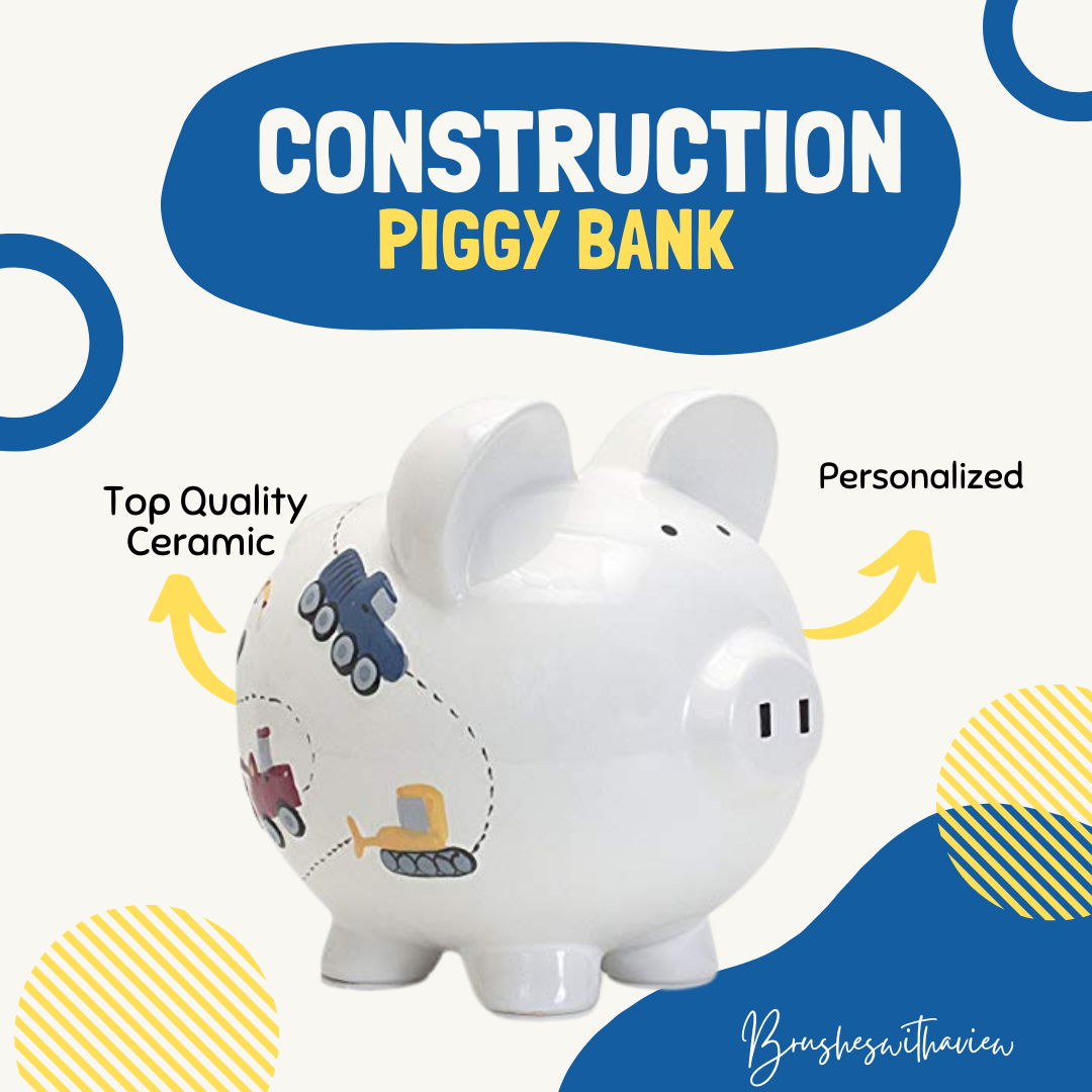 Personalized Hand Painted Construction themed Piggy Bank