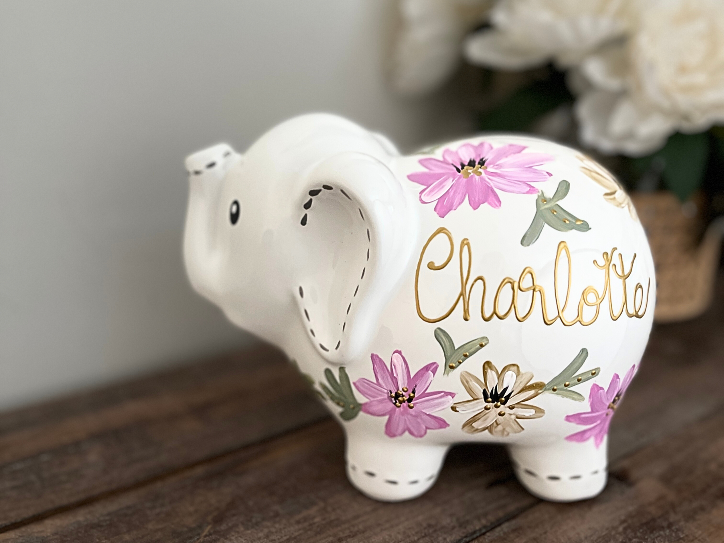 Personalized Elephant Piggy Bank - Hand-Painted Floral Design - Baby Gift & Birthday Gift for Girls