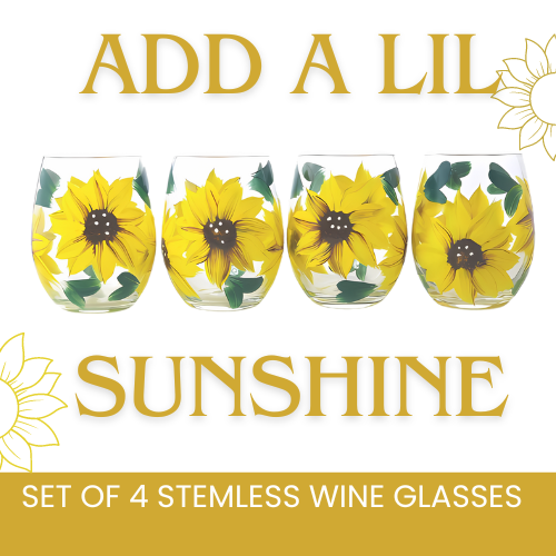 Hand-Painted Sunflower Stemless Wine Glasses – Set of 2