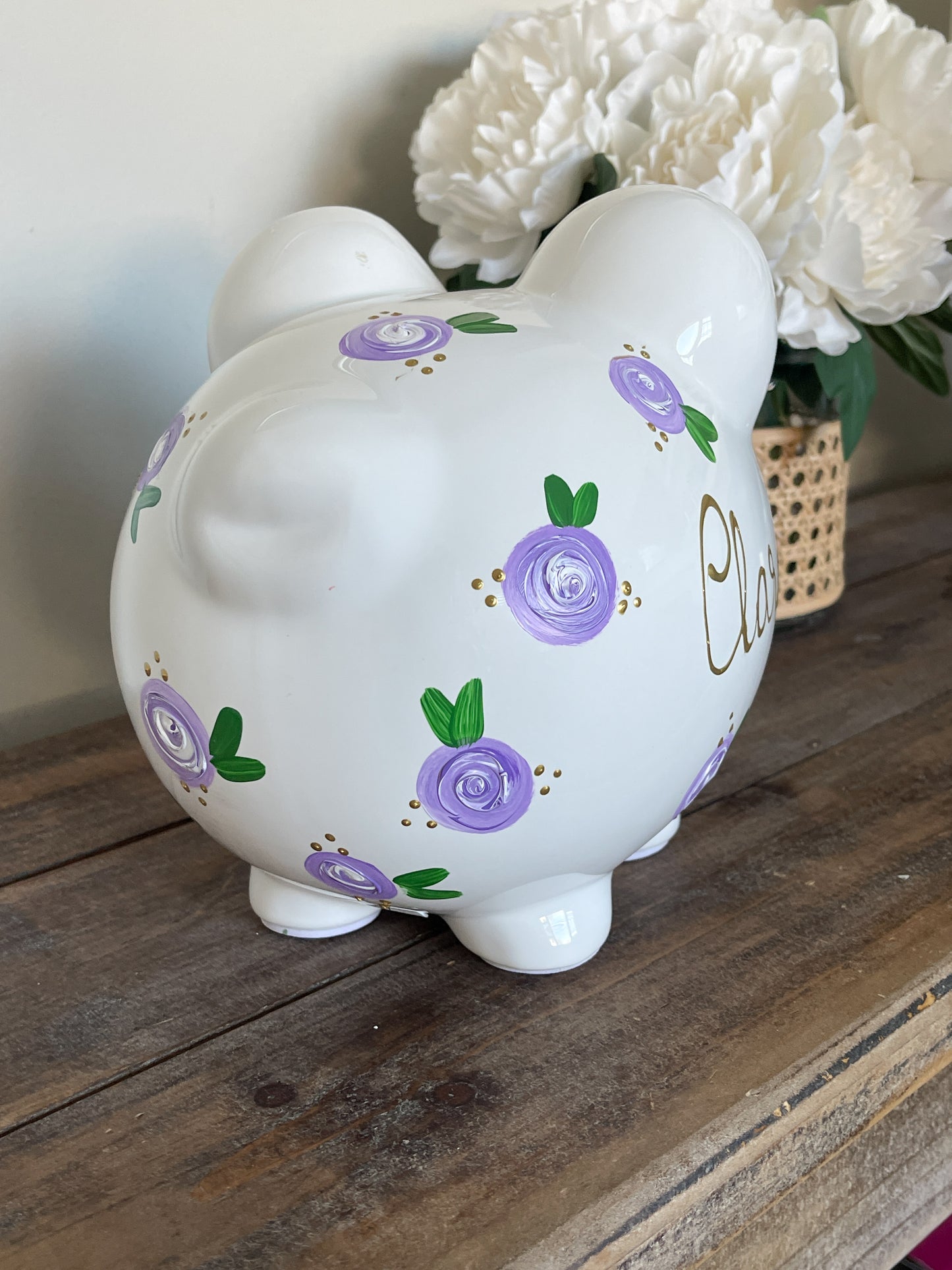 Personalized Purple Floral Piggy Bank - Hand Painted White Ceramic Bank with Gold Lettering - Custom Baby Girl Nursery Decor Gift