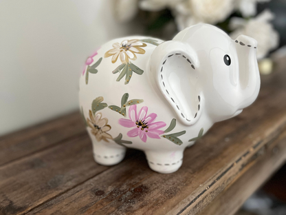 Personalized Elephant Piggy Bank - Hand-Painted Floral Design - Baby Gift & Birthday Gift for Girls