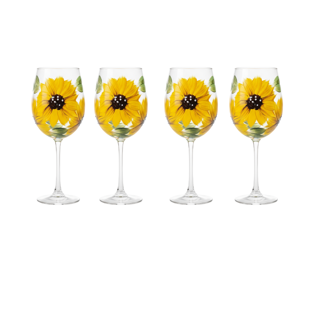 Hand-Painted Sunflower Wine Glasses – Set of 4 Stemmed, Bright Yellow Floral Design