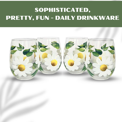 Hand-Painted Daisy Wine Glasses - Stemmed & Stemless Options