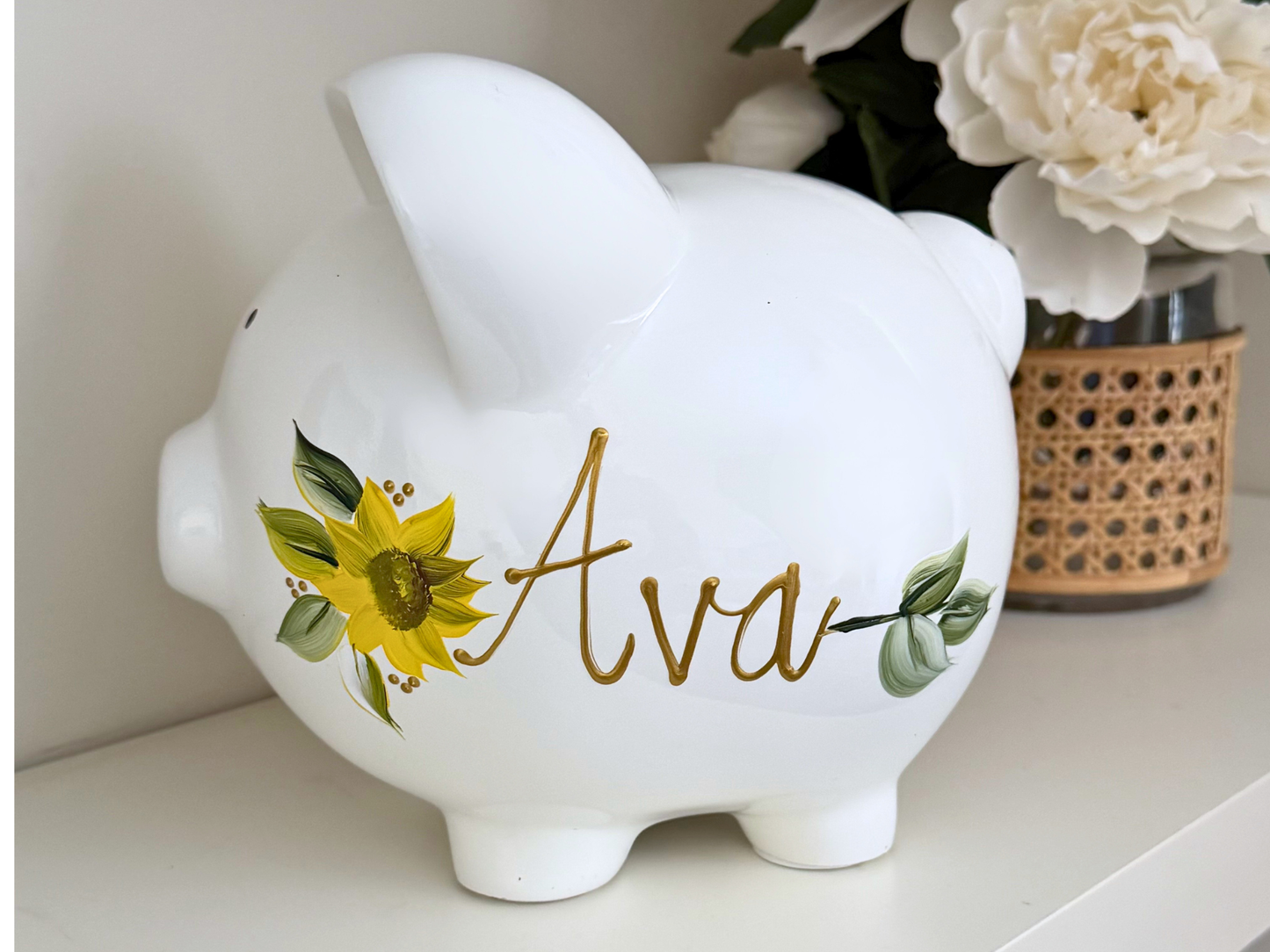 Personalized Sunflower Piggy Bank, Hand Painted Name Bank, Baby Girl Keepsake, Nursery Decor