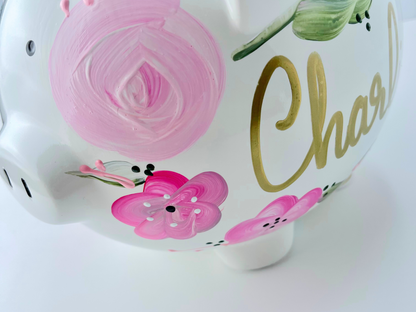 Hand Painted Boho Flowers Piggy Bank - Personalized Light Pink and Hot Pink  Flowers