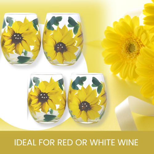 Hand-Painted Sunflower Stemless Wine Glasses – Set of 2
