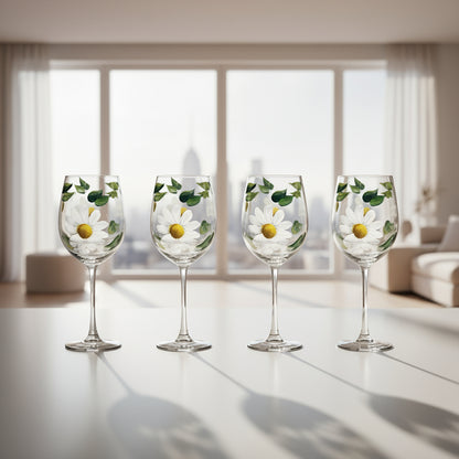 Hand-Painted Daisy Wine Glasses - Stemmed & Stemless Options