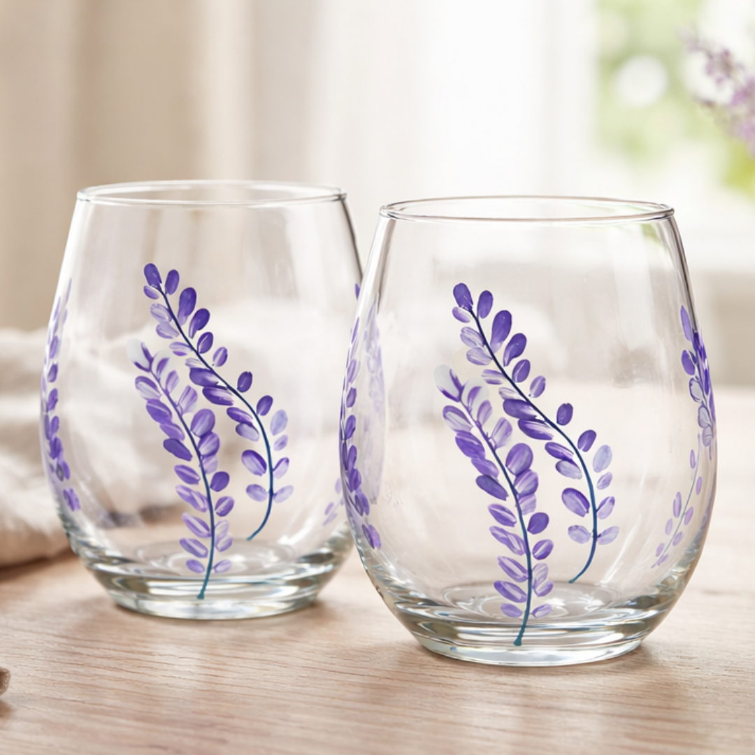 Two clear glasses with purple leaf designs on a wooden surface.