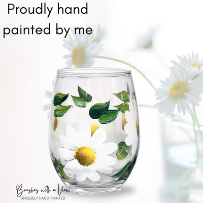 White Daisy Stemless Wine Glass  - Brushes with a View