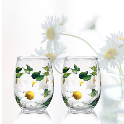 Daisy Stemless Wine Glass - Hand Painted Floral Glassware Gift for Women - Set of 2