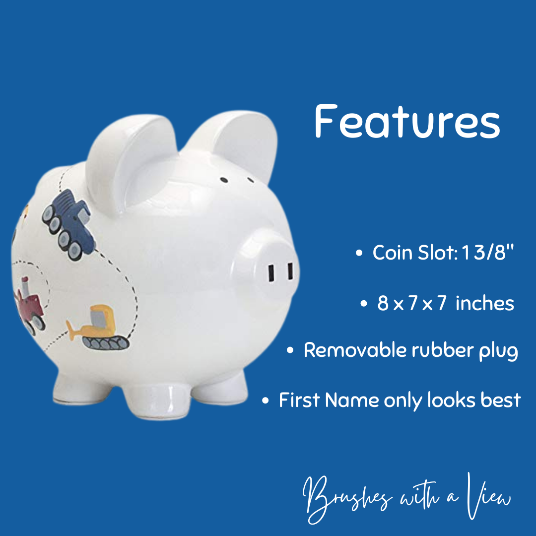 Personalized Hand Painted Construction themed Piggy Bank