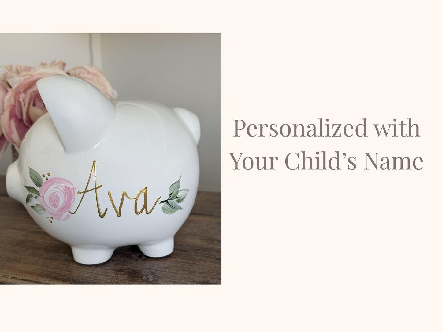Personalized June Birth Flower Piggy Bank – Hand-Painted Pink Rose
