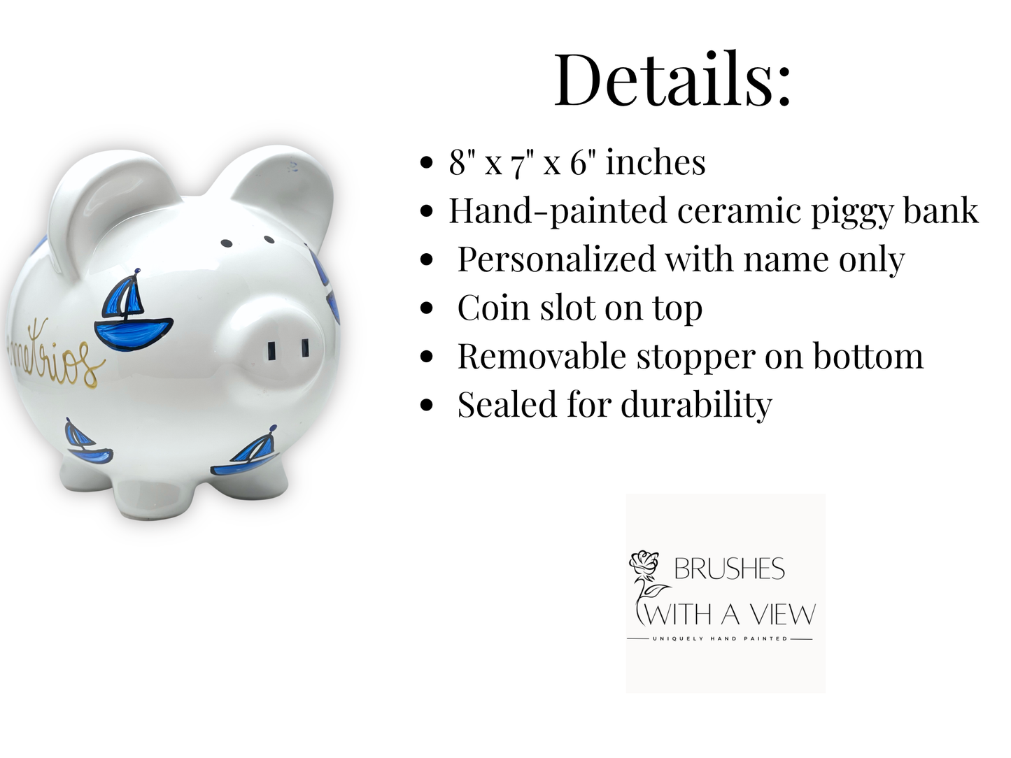 White piggy bank with blue accents and text, featuring product details on a white background.