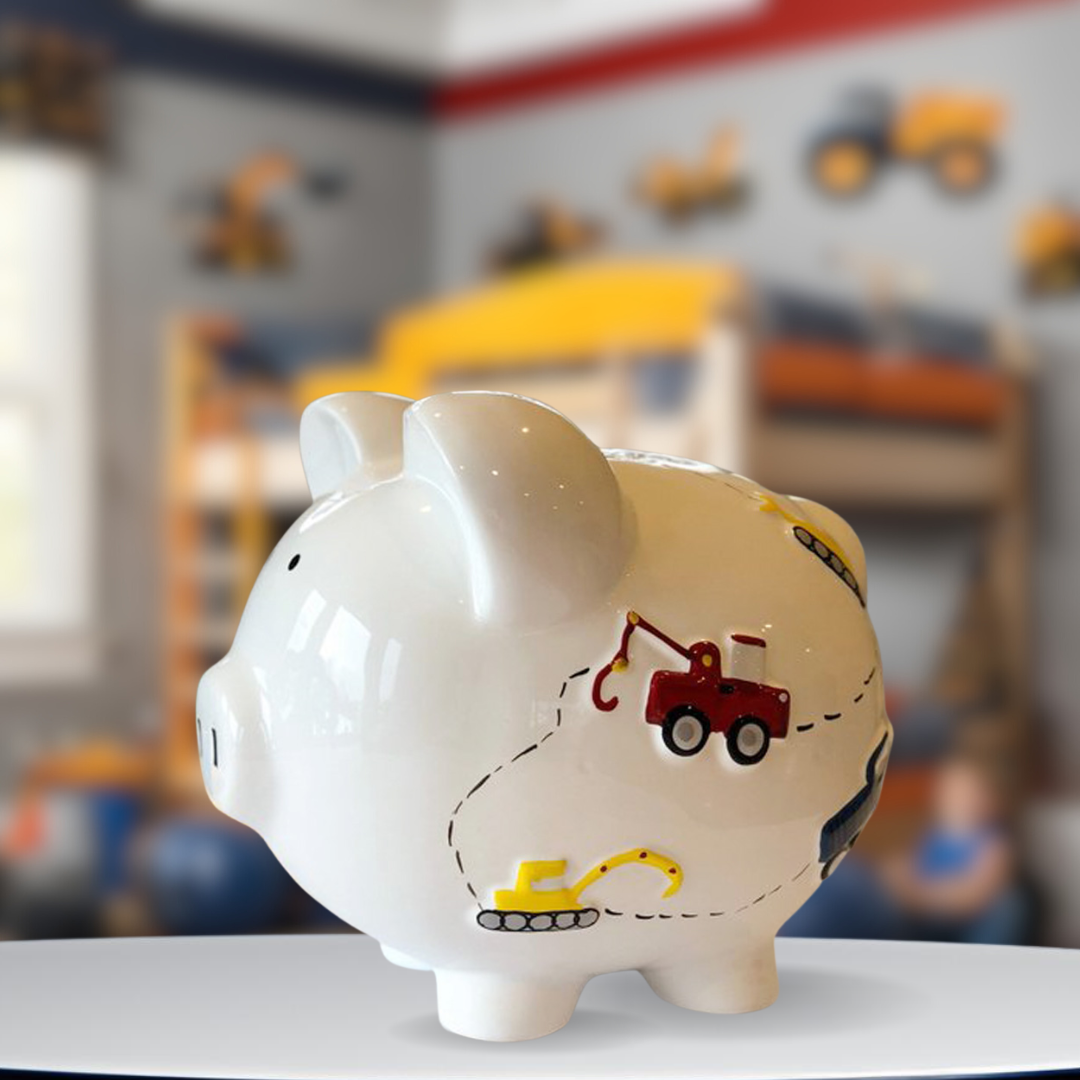Personalized Hand Painted Construction themed Piggy Bank