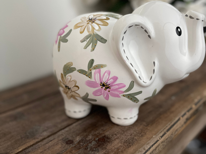 Personalized Elephant Piggy Bank - Hand-Painted Floral Design - Baby Gift & Birthday Gift for Girls