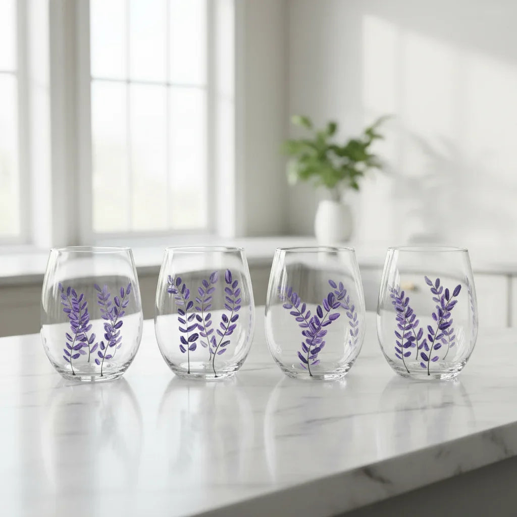 Four stemless wine glasses with purple floral designs on a marble surface.
