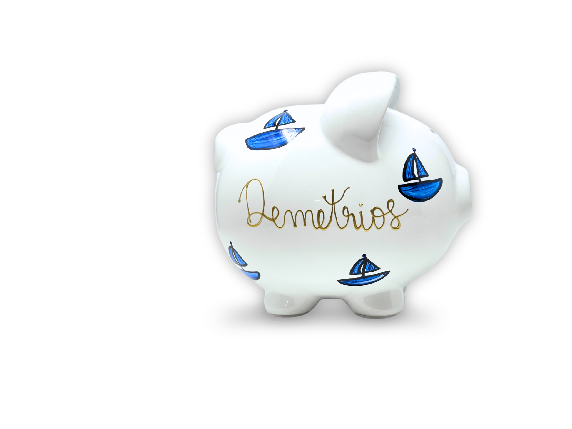 White piggy bank with blue sailboats and 'Demetrios' text on a white background