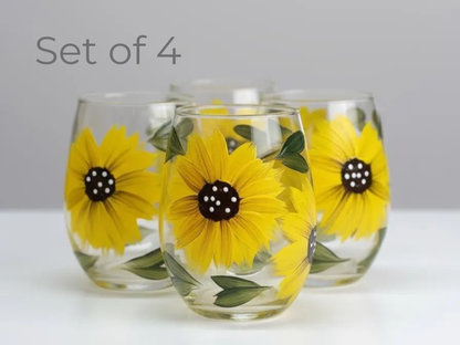 Hand-Painted Sunflower Stemless Wine Glasses – Set of 4, Bright Yellow Floral Design