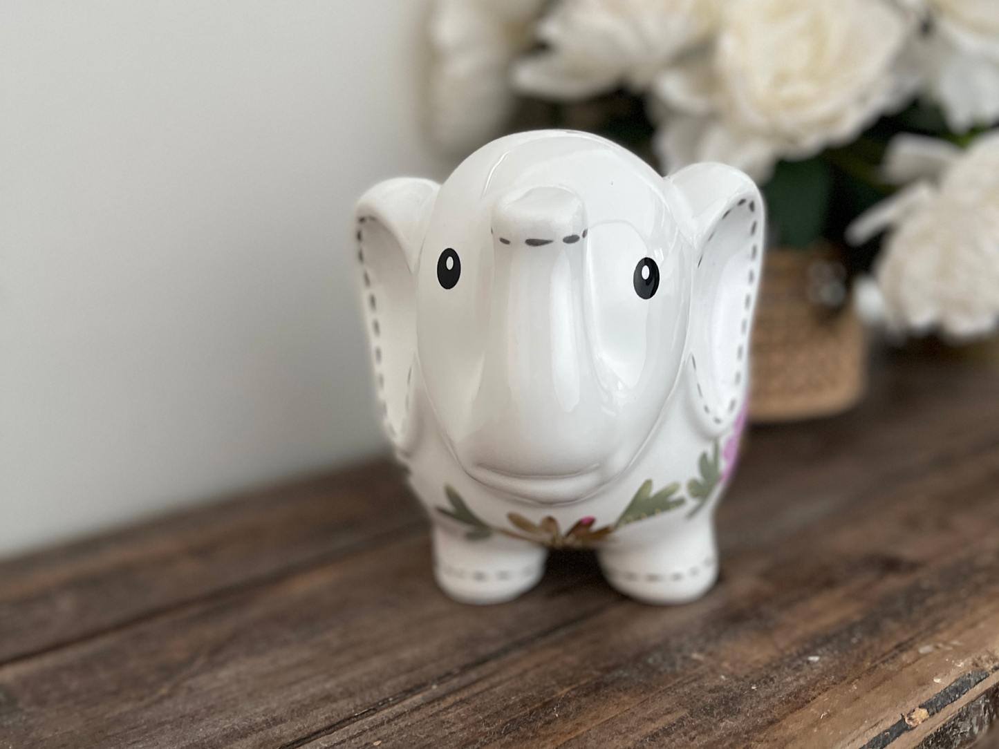 Personalized Elephant Piggy Bank - Hand-Painted Floral Design - Baby Gift & Birthday Gift for Girls