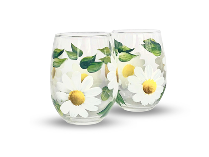 Hand-Painted Daisy Stemless Wine Glasses Set of 2 – Floral Glass Gift