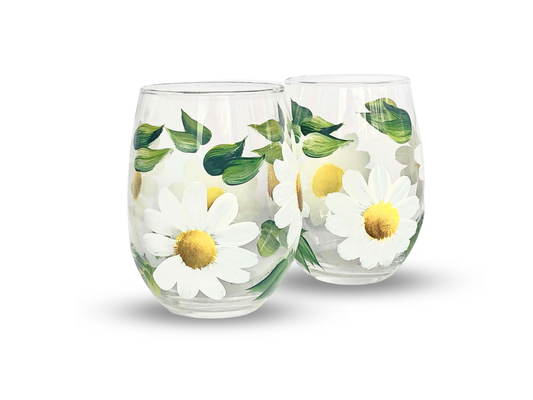 Hand-Painted Daisy Stemless Wine Glasses Set of 2 – Floral Glass Gift