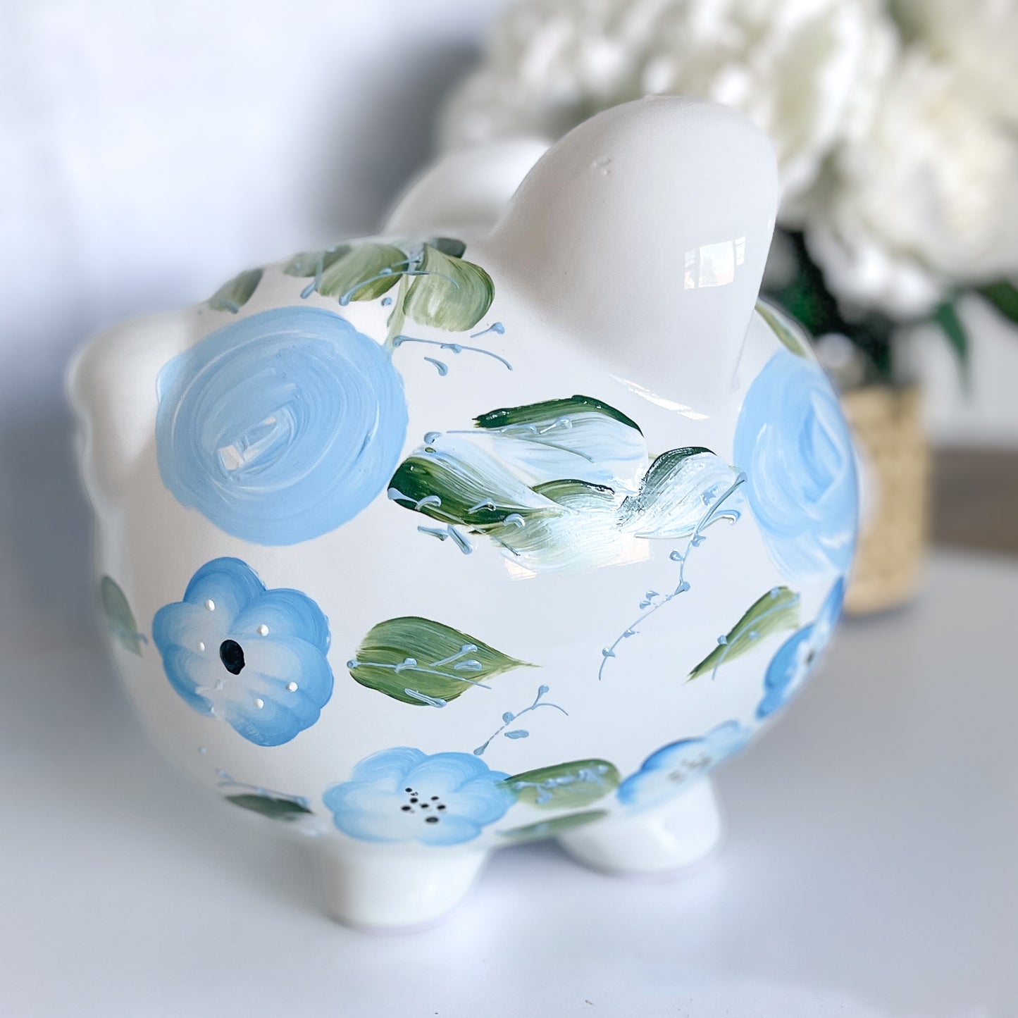 Hand-Painted Blue Floral Personalized Piggy Bank | Baby Shower Gift | Nursery Keepsake