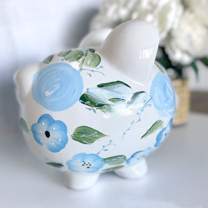 Hand-Painted Blue Floral Personalized Piggy Bank | Baby Shower Gift | Nursery Keepsake