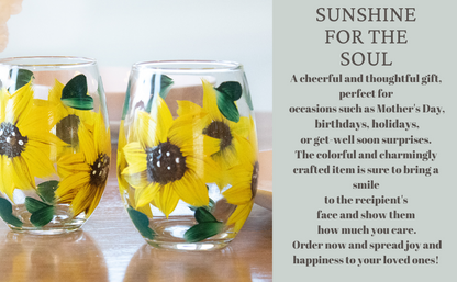 Hand-Painted Sunflower Stemless Wine Glasses – Set of 2