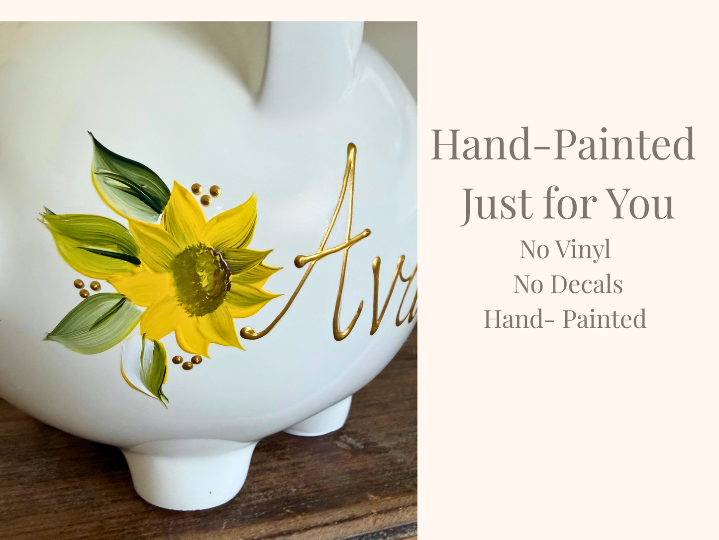 Personalized Sunflower Piggy Bank, Hand Painted Name Bank, Baby Girl Keepsake, Nursery Decor