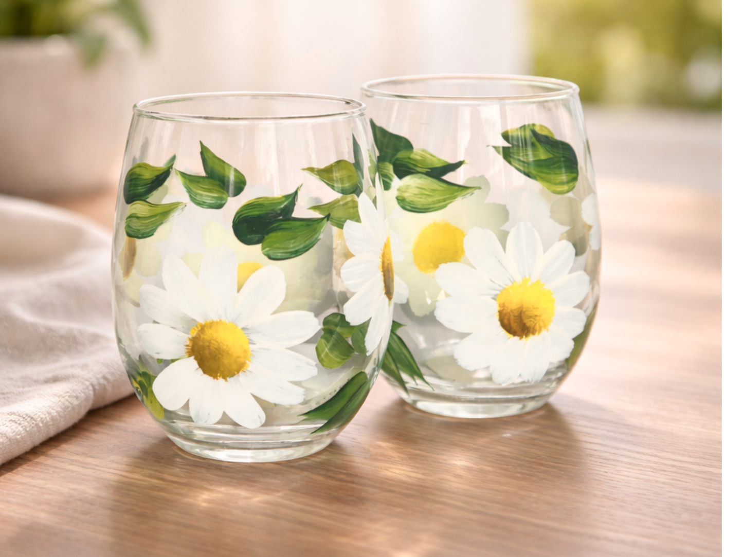 Hand-Painted Daisy Stemless Wine Glasses Set of 2 – Floral Glass Gift