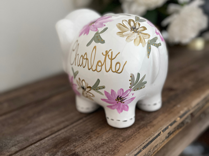 Personalized Elephant Piggy Bank - Hand-Painted Floral Design - Baby Gift & Birthday Gift for Girls