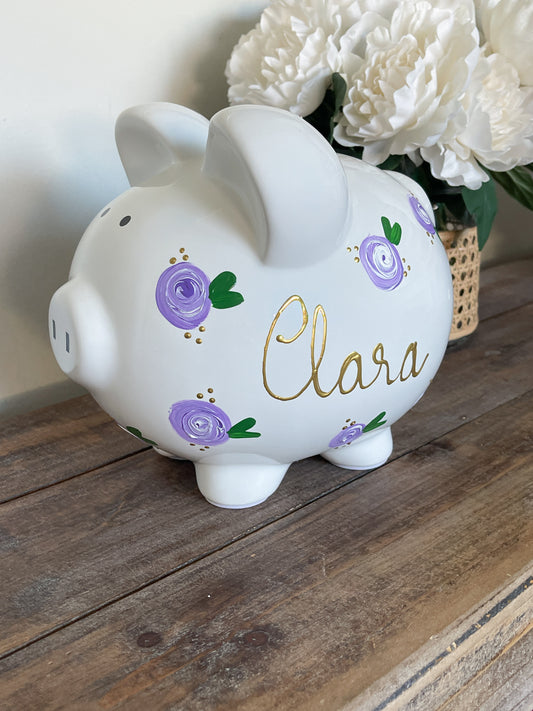 Personalized Purple Floral Piggy Bank - Hand Painted White Ceramic Bank with Gold Lettering - Custom Baby Girl Nursery Decor Gift