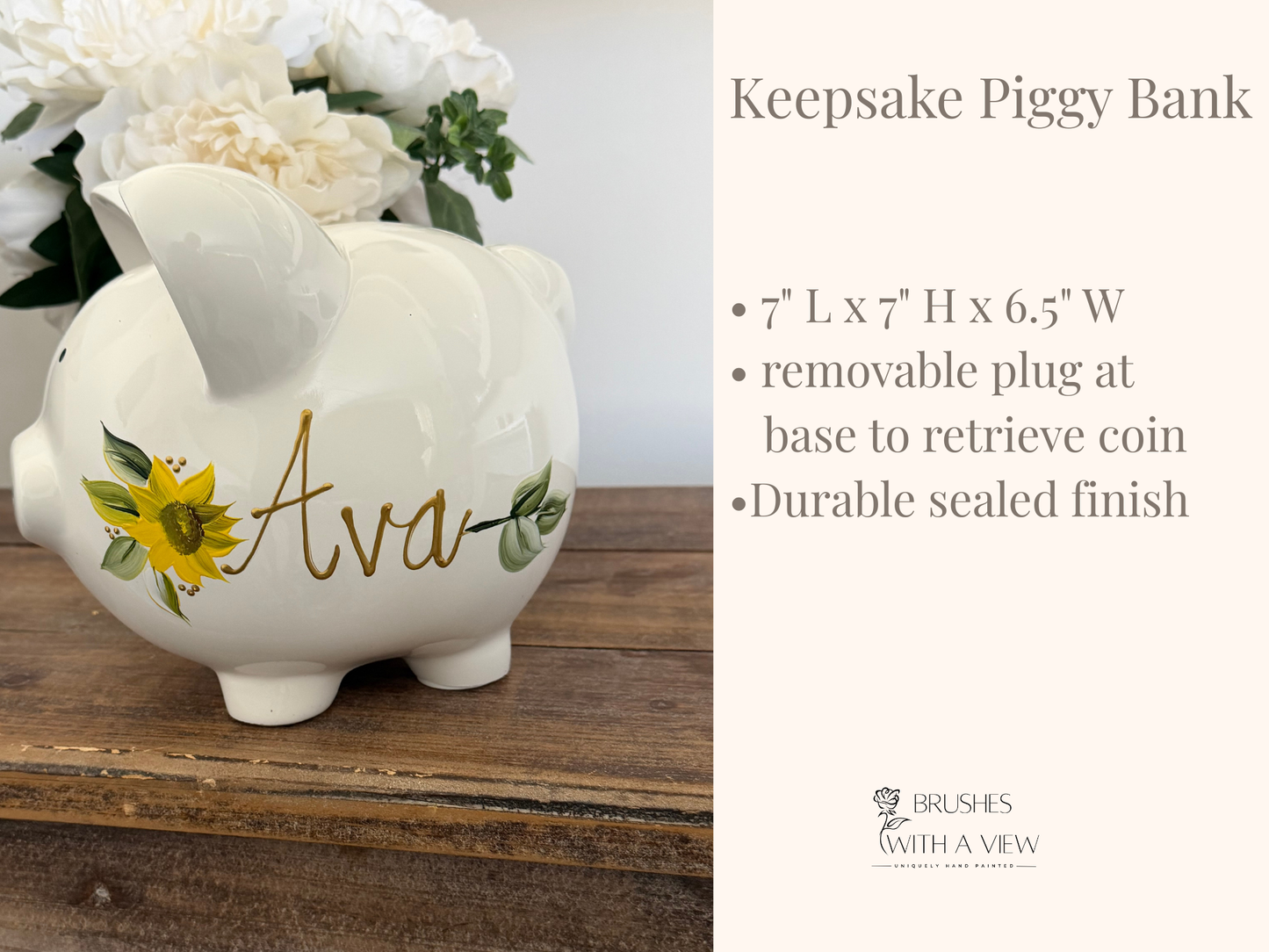 Personalized Sunflower Piggy Bank, Hand Painted Name Bank, Baby Girl Keepsake, Nursery Decor