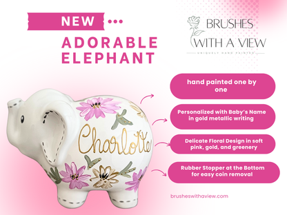 Personalized Elephant Piggy Bank - Hand-Painted Floral Design - Baby Gift & Birthday Gift for Girls