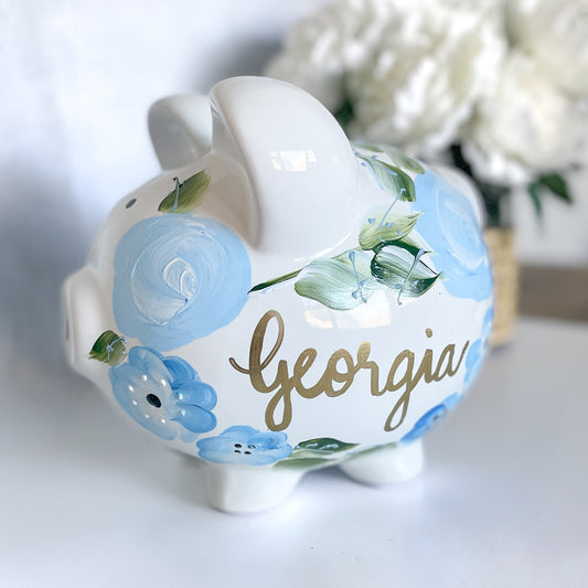 Hand-Painted Blue Floral Personalized Piggy Bank | Baby Shower Gift | Nursery Keepsake