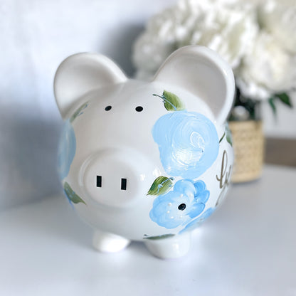 Hand-Painted Blue Floral Personalized Piggy Bank | Baby Shower Gift | Nursery Keepsake