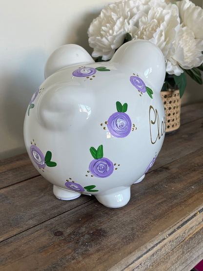 Personalized Purple Floral Piggy Bank - Hand Painted White Ceramic Bank with Gold Lettering - Custom Baby Girl Nursery Decor Gift