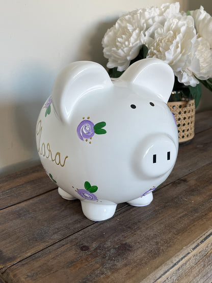 Personalized Purple Floral Piggy Bank - Hand Painted White Ceramic Bank with Gold Lettering - Custom Baby Girl Nursery Decor Gift