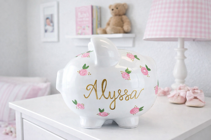 Large Personalized Piggy Bank for Girls - Hand-Painted Pink Flowers | Custom Baby Gift