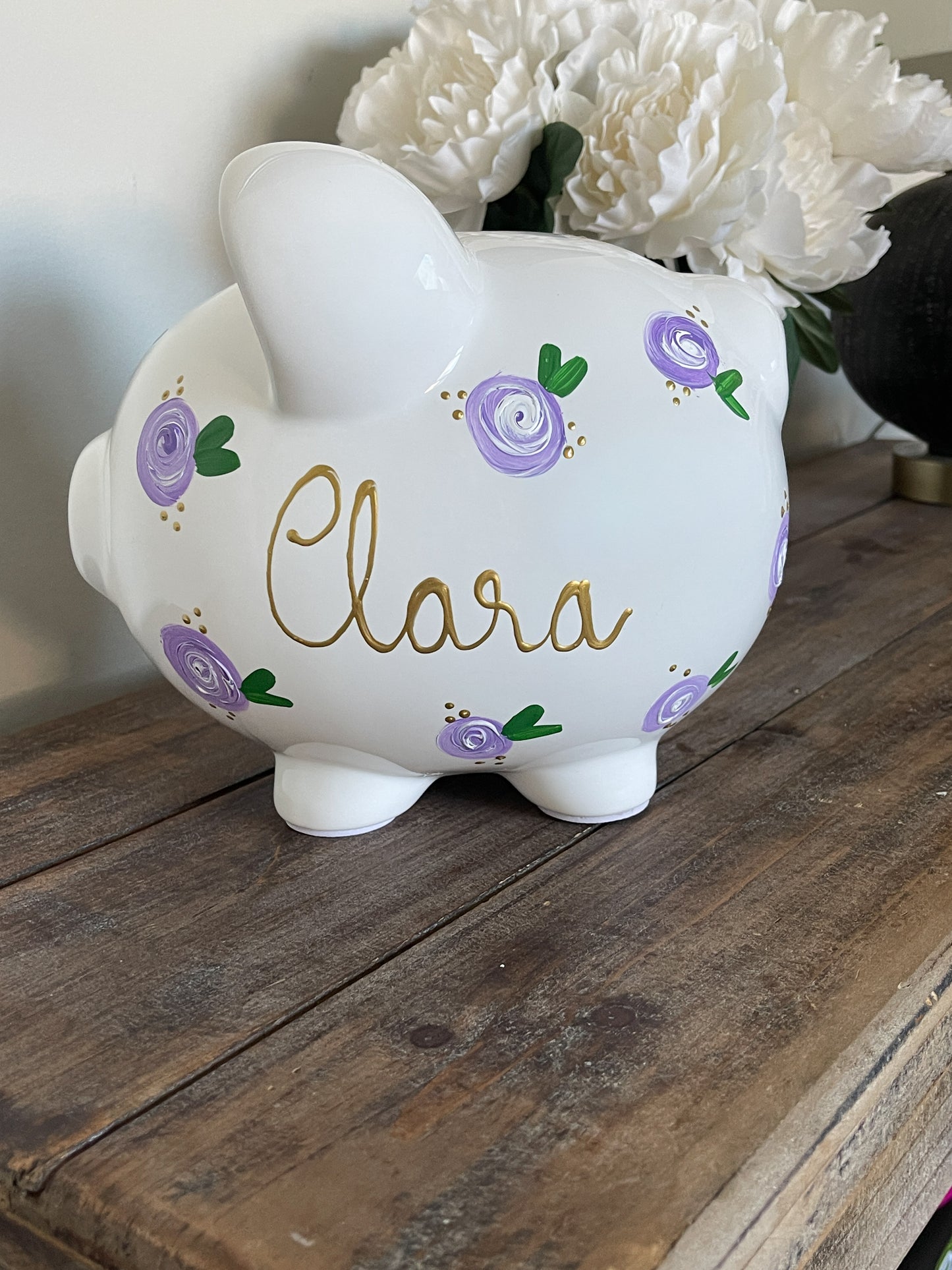 Personalized Purple Floral Piggy Bank - Hand Painted White Ceramic Bank with Gold Lettering - Custom Baby Girl Nursery Decor Gift