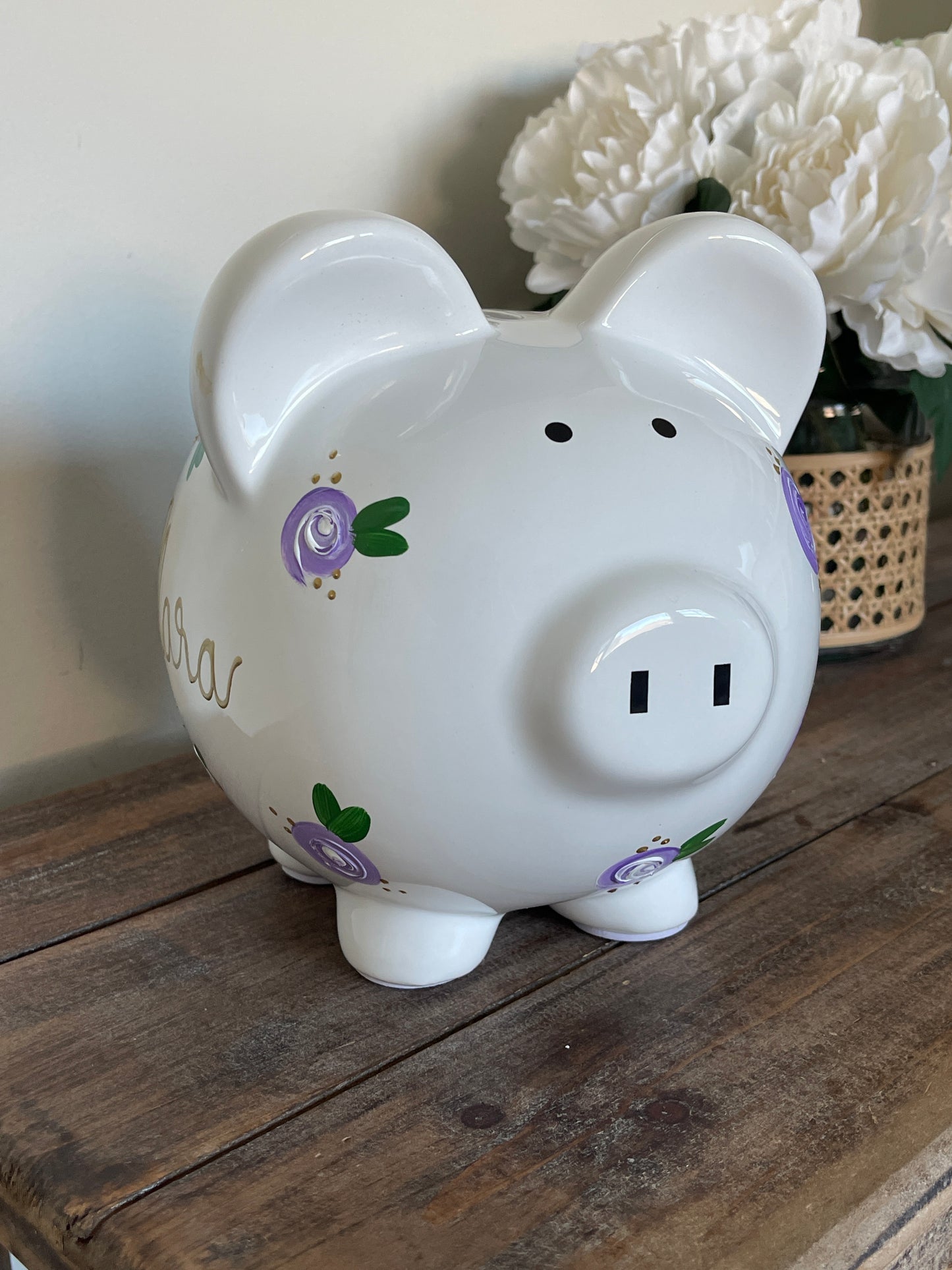 Personalized Purple Floral Piggy Bank - Hand Painted White Ceramic Bank with Gold Lettering - Custom Baby Girl Nursery Decor Gift