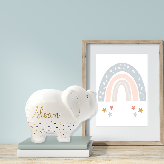 Personalized Elephant Piggy Bank with Purple Hearts - Custom Baby Gift