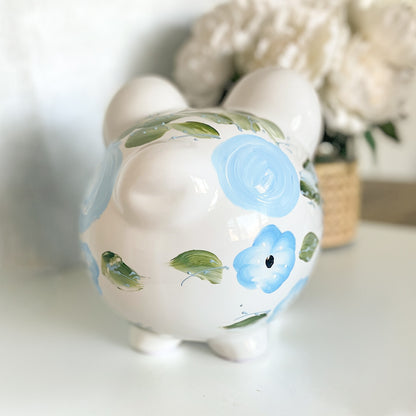 Hand-Painted Blue Floral Personalized Piggy Bank | Baby Shower Gift | Nursery Keepsake