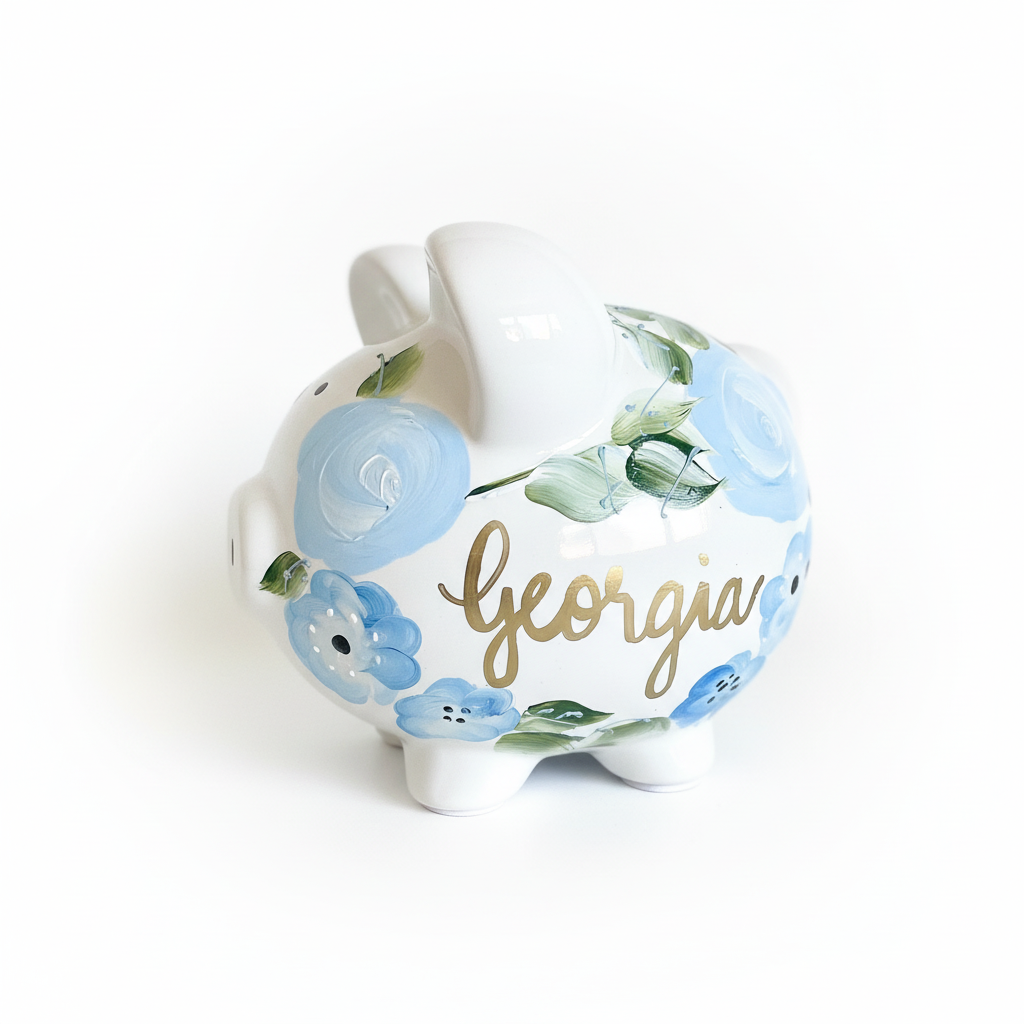Decorative piggy bank with floral design and 'Georgia' text on a white background